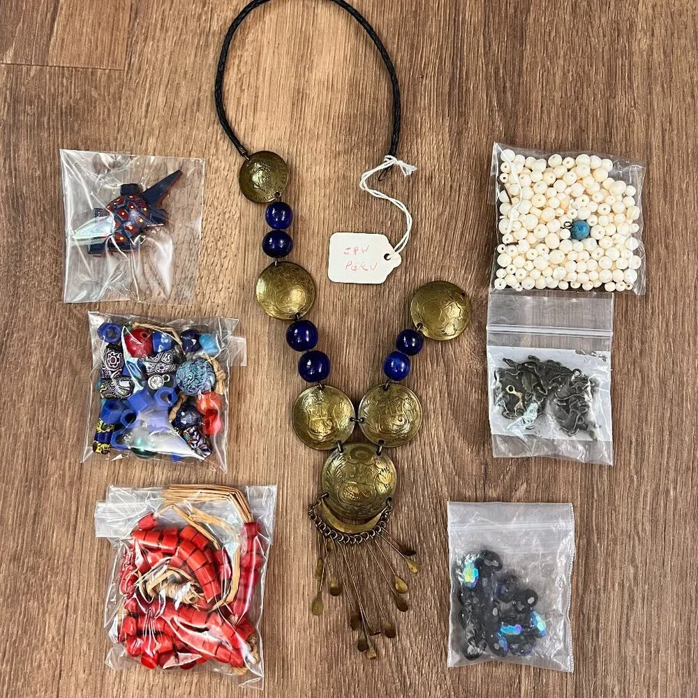 Bead Jewelry Making Craft Lot- Stone, Glass, Metal Peruvian Necklace